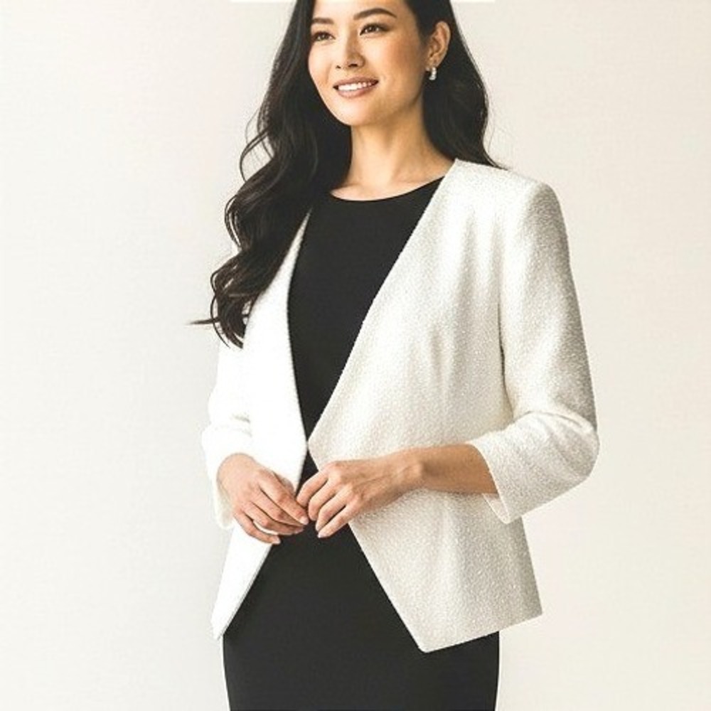 Chadwicks Womens 10P White Beaded‎ Evening Jacket Open Front Bridal Formal